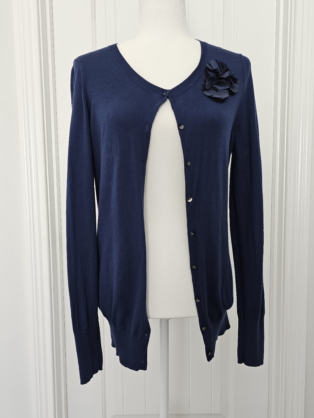Navy Blue Button Up Cardigan with Floral Embellishment -sz Medium
